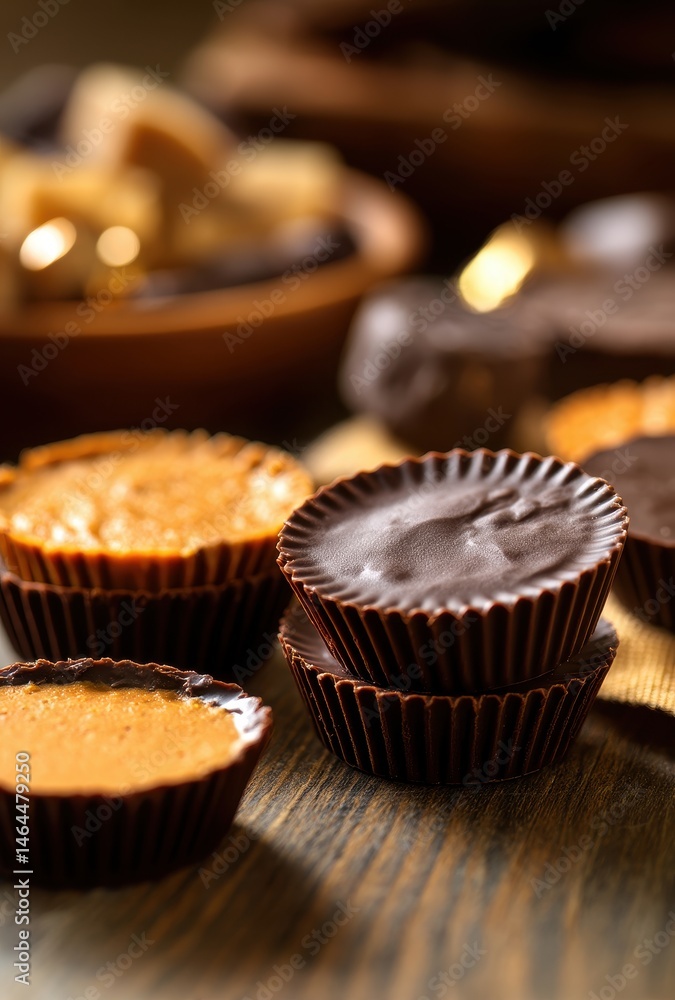 Chocolate Cups with Creamy Peanut Filling on Wooden Table Surrounded by Various Confections and Treats in Warm Lighting Chocolate Cups with Creamy Peanut Filling on Wooden Table Surrounded by Various Confections and Treats in Warm Lighting