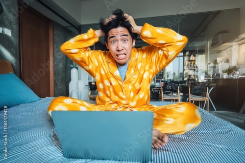 A asian guy wearing yellow pajamas, sitting on a bed, holding his laptop and his expression looks so stressed looking at the laptop.