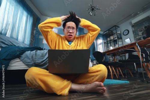 A asian guy wearing yellow pajamas, sitting on a bed, holding his laptop and his expression looks so stressed looking at the laptop.