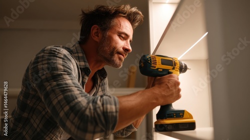 man installing white shelf using electric drill, side angle, soft lighting