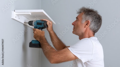 man installing white shelf using electric drill, side angle, soft lighting
