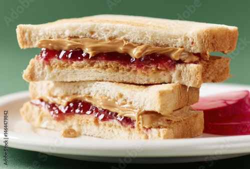 Classic peanut butter and jelly sandwich stacked on a white plate with jelly on the side, perfect for nostalgic meals and lunchbox ideas for kids and adults