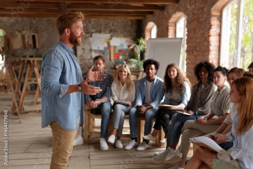 Manager standing and speaking to group of seated team members, motivational atmosphere in modern workspace
