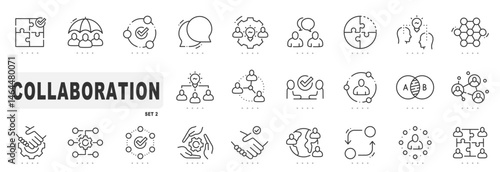 Set of collaboration related line icons. Teamwork, together, group, team etc. Editable stroke. Set 2