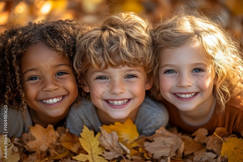 Diverse children smiling together in autumn leaves