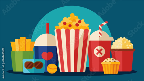 A movie night candy buffet with popcorn buckets filled with popcornflad jelly beans movie theater candy boxes and fizzy soda candies.. Vector illustration