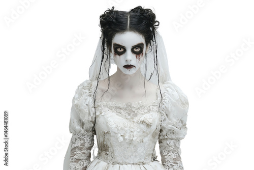 A woman dressed as a ghost bride with haunting makeup, wearing a white lace gown and veil, stares forward with an eerie, unsettling expression.