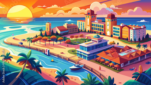  Very beautiful Clearwater Beach Florida. Panorama of city. Hotels and Resorts on Island. Summer vacations in Florida. Spring break. Sunset time. Beautiful View. Gulf of Mexico or Gulf of America. Aer