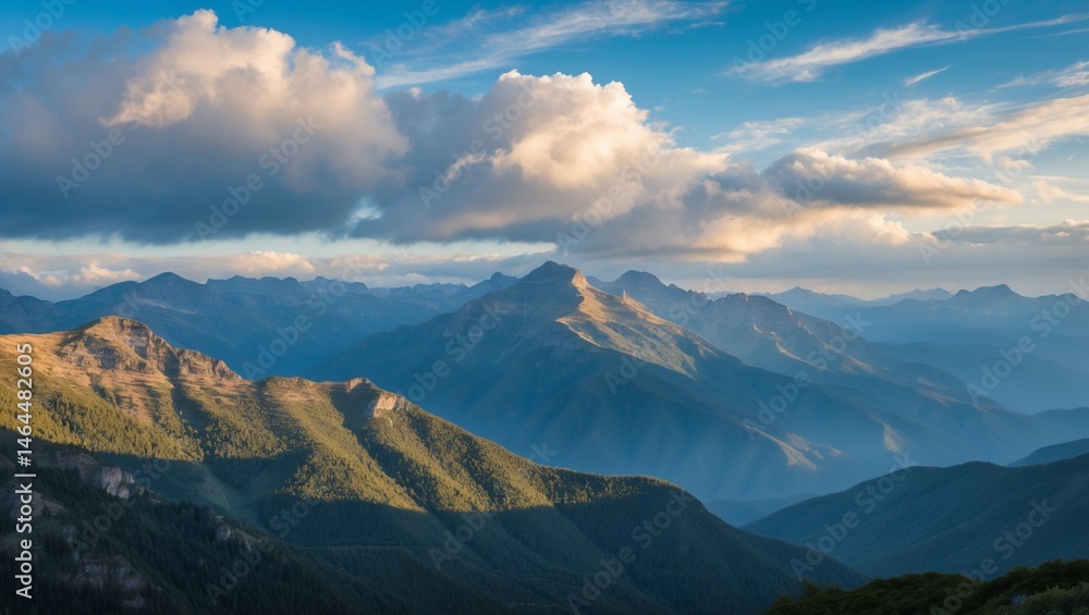 Obraz premium Morning mountain panorama with snowy peaks and cloudy sky