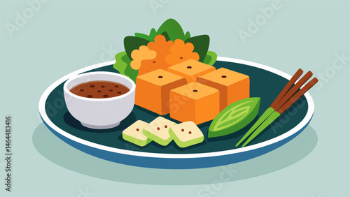 A plate of airfried tofu tossed in soy sauce and served with brown rice and steamed vegetables for a vegan and proteinrich postworkout meal.. Vector illustration