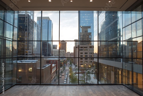 Cityscape view through large glass windows with buildings and street visible at sunset or sunrise time