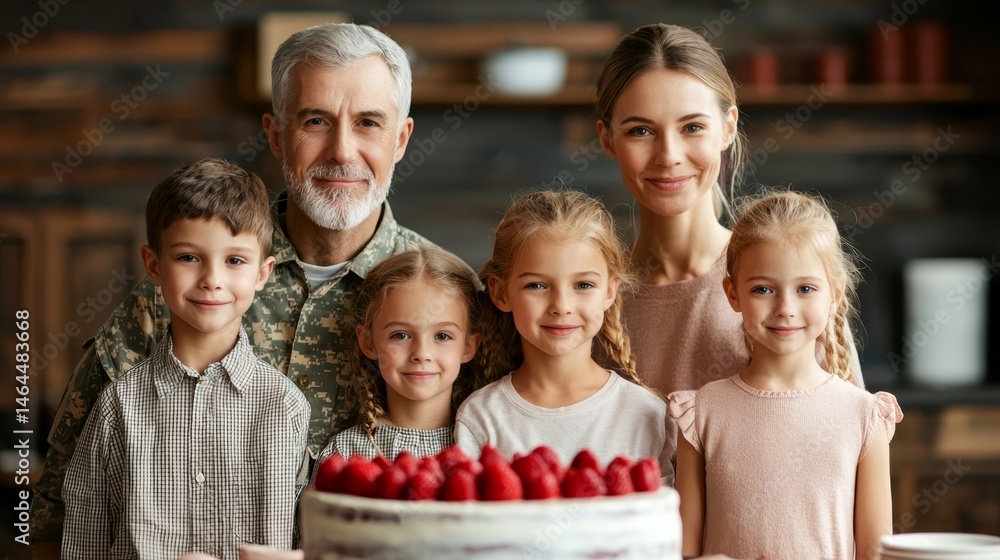 Fototapeta premium Heartwarming Military Retirement Surprise with Grandchildren and Cake Celebration - Copy Space Available for Text