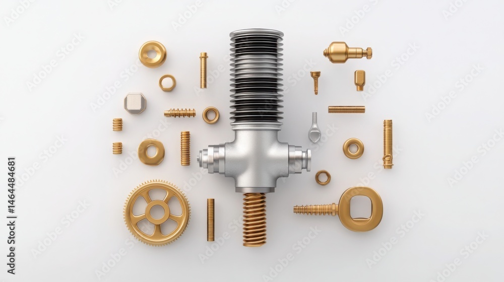 Fototapeta premium Emulsion tube in exploded view of carburetor, each part floating in air, mechanical harmony and balance