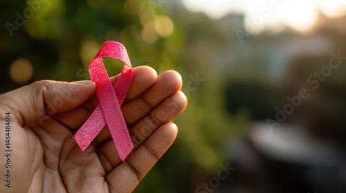 Realistic close - up photo of a hand gently holding a pink awareness ribbon, with a soft focus on a natural background,
