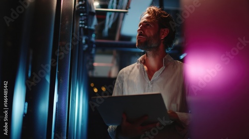 a confident handsome man around 27 years old in business casual (no suit), holding a laptop and typing while checking equipment.