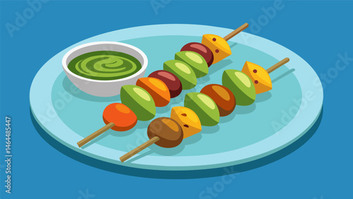 A plate of grilled vegetable kabobs featuring marinated mushrooms bell peppers and zucchini served with a cilantro lime dipping sauce.. Vector illustration