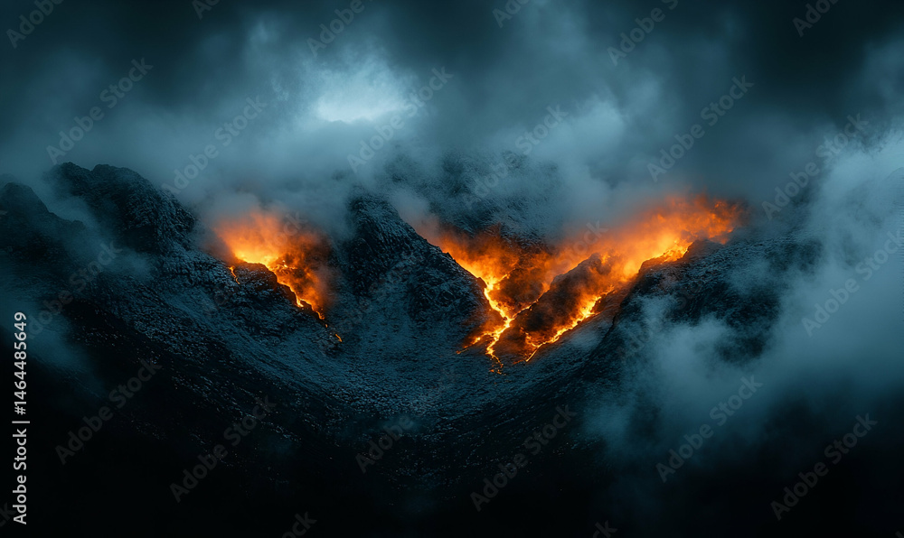 Fiery Mountain Peaks Enveloped in Dark Clouds Fiery Mountain Peaks Enveloped in Dark Clouds