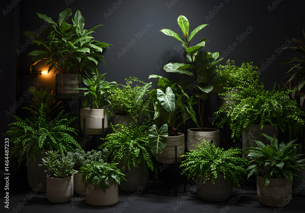 Fototapeta premium A Serene Collection of Lush Green Indoor Plants in Elegant Pots, Dark Background, Interior Design, Home Decor, Botanical, Greenery, Tranquility, Nature, Botany, Houseplants
