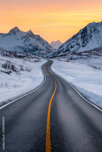 Serene Road through Frozen Peaks at Dusk with Warm Glowing Tones in High Fidelity