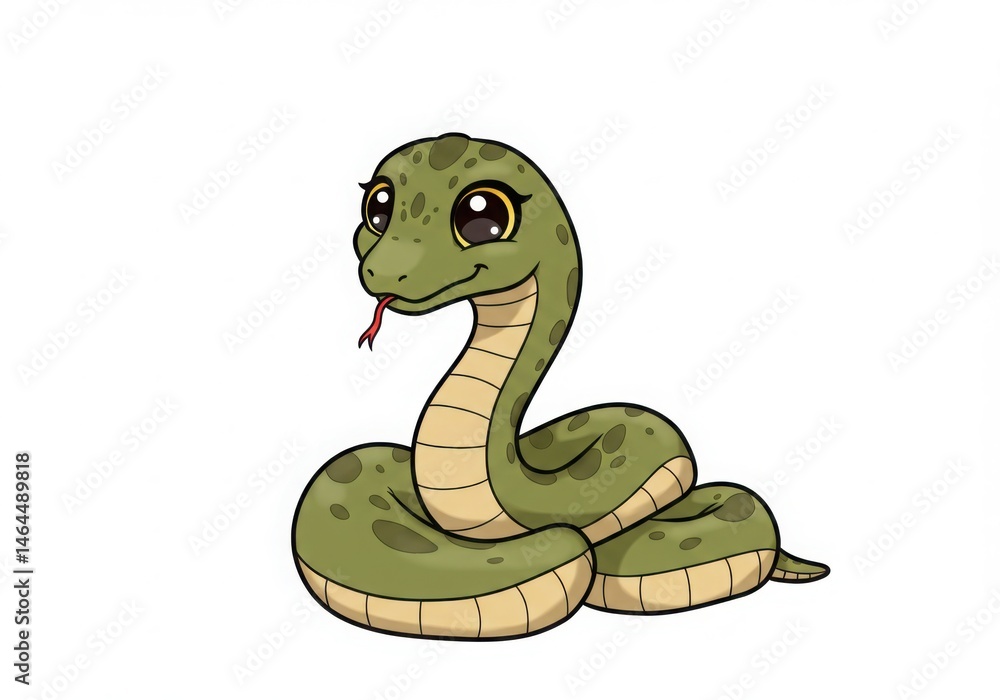 Fototapeta premium A cartoon green snake coiled up with a red forked tongue