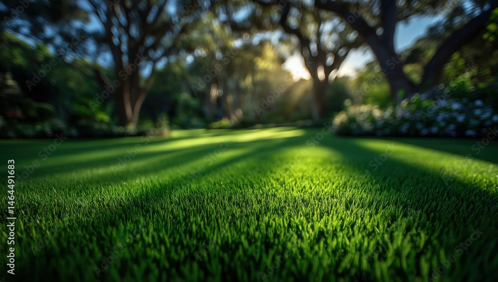 Obraz premium Lush green grass in a sunlit garden, with dappled light streaming through the trees and a peaceful, natural atmosphere.