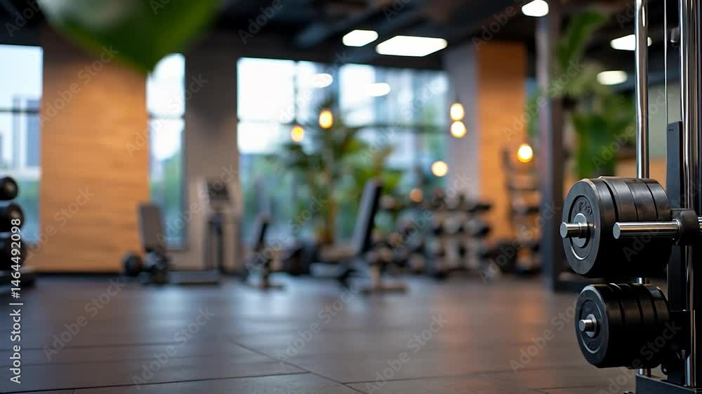 Modern gym interior with weight machine in focus, showcasing black weights and a dark floor. Background includes blurred gym equipment, large windows, and warm lighting Modern gym interior with weight machine in focus, showcasing black weights and a dark floor. Background includes blurred gym equipment, large windows, and warm lighting
