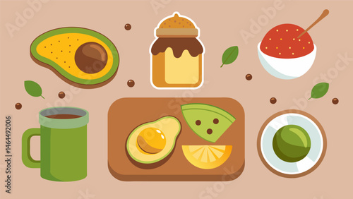 A makeyourown toast bar with various spreads like avocado almond butter and honey.. Vector illustration