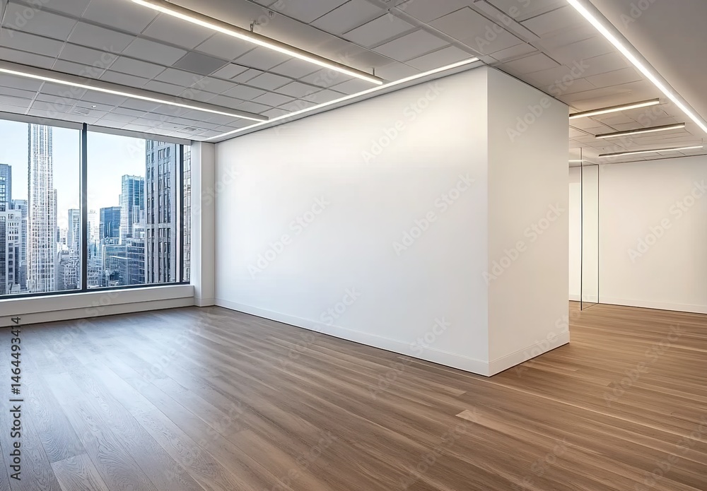 Fototapeta premium Empty modern office with city-view windows, white walls, dark wood floor, recessed lights.