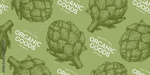 Artichoke, vegetable. Seamless pattern background. Tag, label, sign, artichoke drawing, sketch ink pencil draw, seamless pattern background. Seamless pattern paper background. Vector Illustration