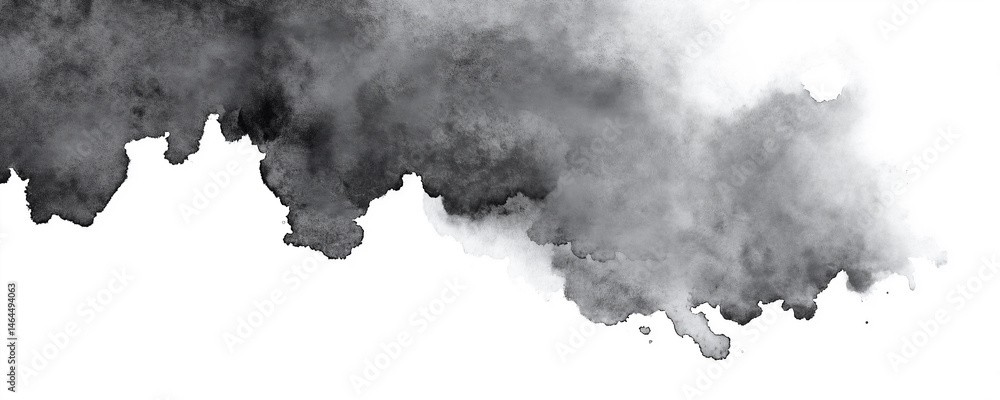 Obraz premium Dramatic black and grey ink blot or abstract smoke cloud design element isolated on a white backdrop. Features organic diffusion and textured edges, suitable for grunge effects or moody compositions.