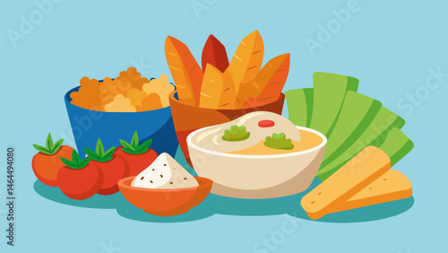 A mix of healthy and indulgent options featuring crisp veggie crudités creamy hummus and crunchy pita chips alongside classic game day snacks like. Vector illustration