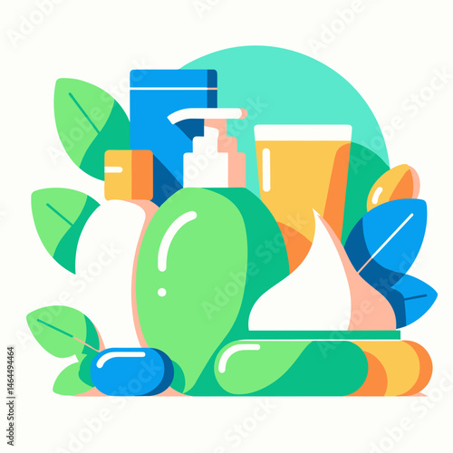 Body care routine items illustration with vibrant colors and leaves  
