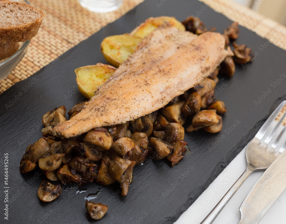 Fried trout fillet on pillow of fried champignon mushrooms on dark warm stone plate