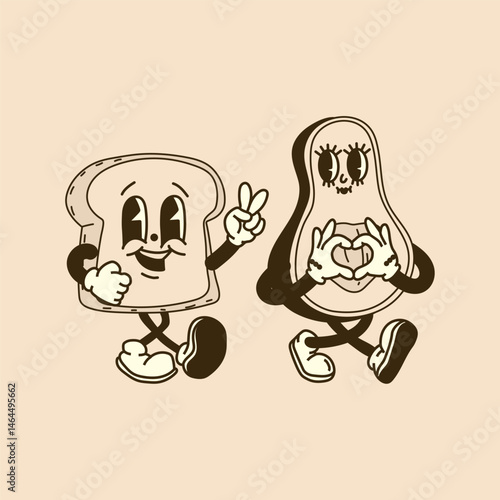 Retro Cute Avocado and Toast Cartoon Characters. Perfect Breakfast Duo