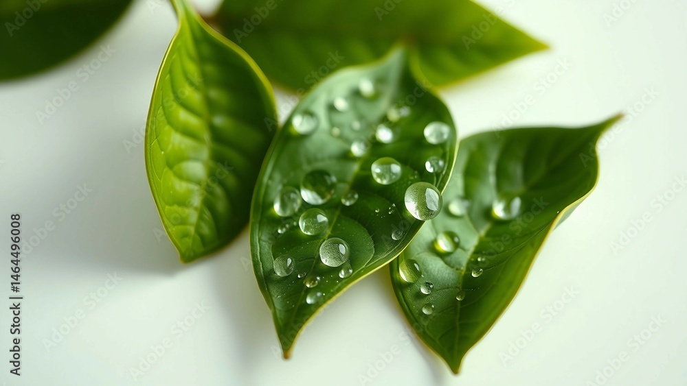 Three vibrant green tea leaves adorned with glistening water droplets on a pristine white background