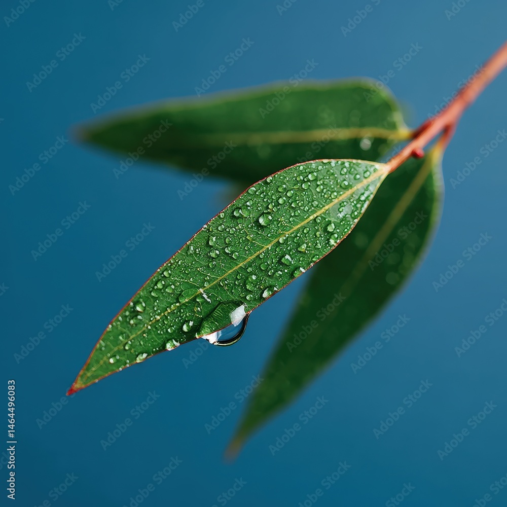 Obraz premium Close-up of dew gliding on eucalyptus leaf, peaceful forest background