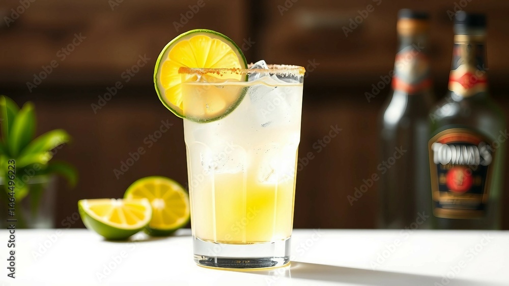 Tommys Margarita cocktail with lime wheel and ice cubes in a clear lowball glass Watercolor illustra