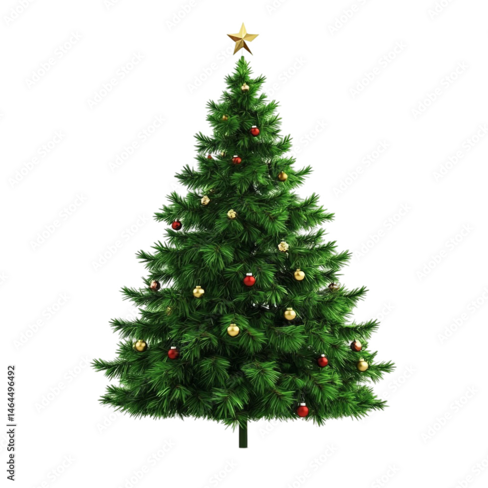 Decorated Christmas tree with gold star ornament red and gold baubles festive winter holiday Decorated Christmas tree with gold star ornament red and gold baubles festive winter holiday