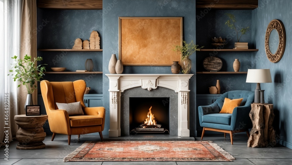 Fototapeta premium A cozy living room features a warm fireplace, creating an inviting atmosphere