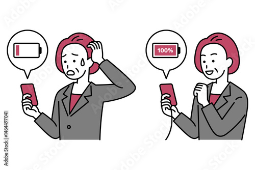 スマートフォンのバッテリーを充電している中年のスーツの女性　セット