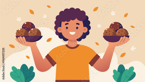 A participant confidently displaying their homemade energy balls made with allnatural ingredients like oats dates and almond butter.. Vector illustration