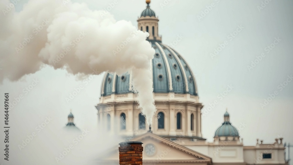 White smoke rises from a chimney against the backdrop of a grand cathedral dome symbolizing the elec