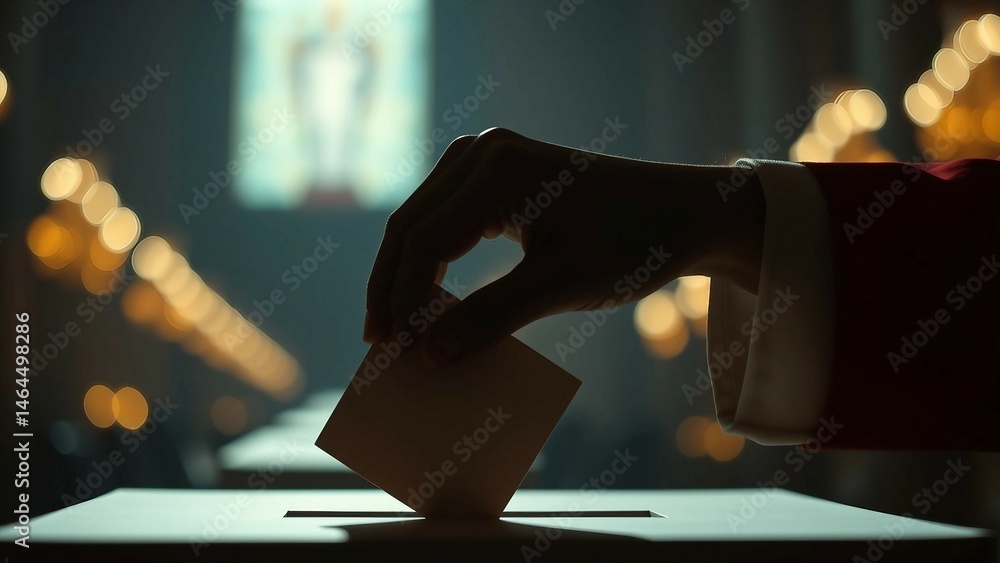 Silhouette of a hand of the cardinal putting a ballot into voting box 4K