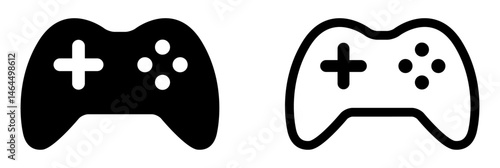 Two vector game controllers, one solid black and one outlined. Minimal design for gaming, esports, and tech themes. Isolated on white background. Game, icons.