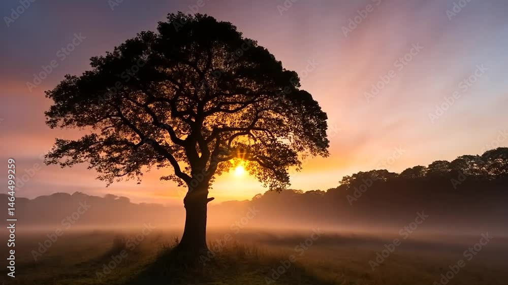 Solitary tree silhouetted against a vibrant sunrise, mist-filled field, warm-toned sky, peaceful atmosphere Solitary tree silhouetted against a vibrant sunrise, mist-filled field, warm-toned sky, peaceful atmosphere