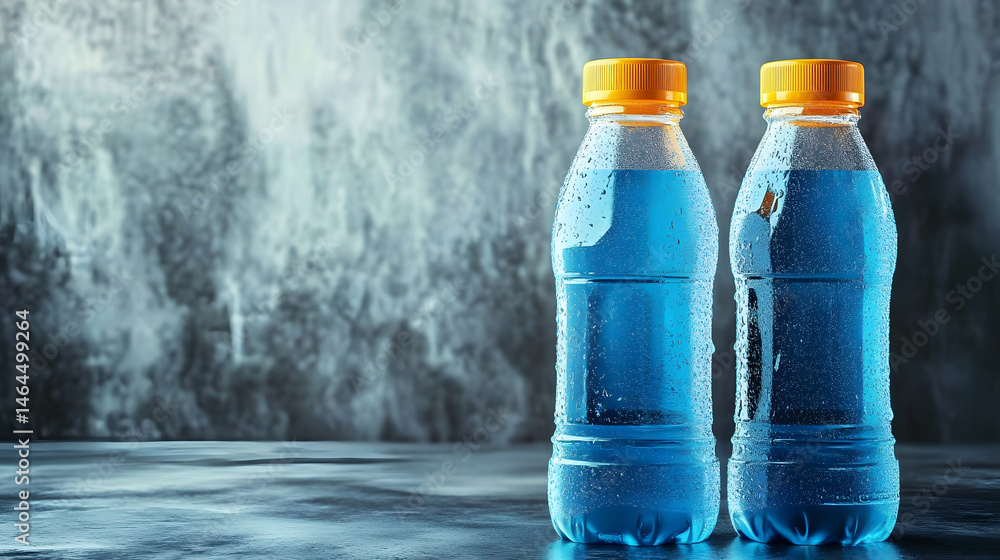 Blue and yellow sport beverage bottles on grey background with copy space for isotonic energy drink.