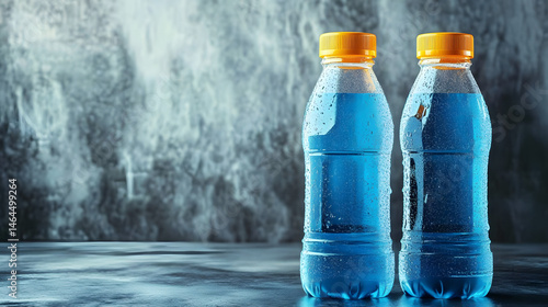 Obraz na płótnie Blue and yellow sport beverage bottles on grey background with copy space for isotonic energy drink. w salonie