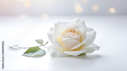 Ethereal Memorial: Single white rose petal floating gently on a pure white backdrop, dreamy bokeh, pastel hues, evoking a sense of reverence and peaceful farewell.