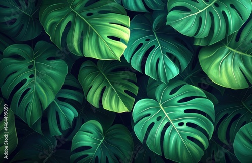 Lush green tropical monstera leaves background, nature wallpaper