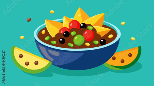 A colorful bowl of homemade black bean and corn salsa perfectly balanced with tomatoes bell peppers and a touch of lime served with a side of crispy. Vector illustration